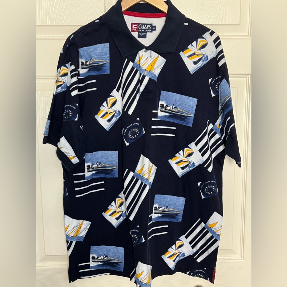 Vintage Chaps Ralph Lauren Nautical Boating Print 100% Cotton Polo Shirt-Size XL